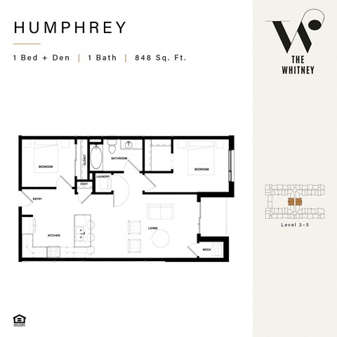 Floor plan for 1 bed, 1 bath, 815 sqft