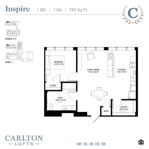 Floor plan for 1 bed, 1 bath, 746 sqft