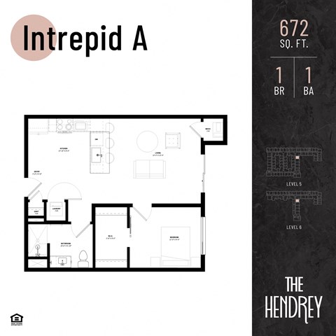 Floor plan for 1 bed, 1 bath, 672 sqft