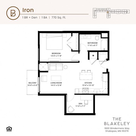 Floor plan for 1 bed, 1 bath, 770 sqft