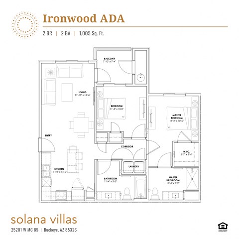 Floor plan for 2 beds, 2 baths, 1005 sqft