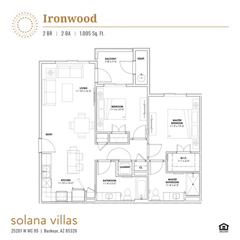 Floor plan for 2 beds, 2 baths, 1005 sqft