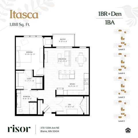 Floor plan for 1 bed, 1 bath, 1018 sqft