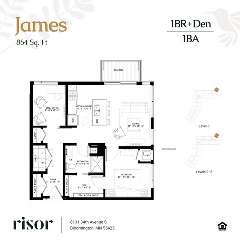 Floor plan for 1 bed, 1 bath, 864 sqft