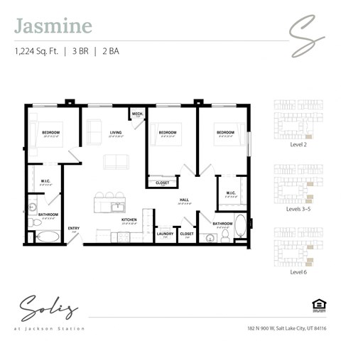 Floor plan for 3 beds, 2 baths, 1224 sqft