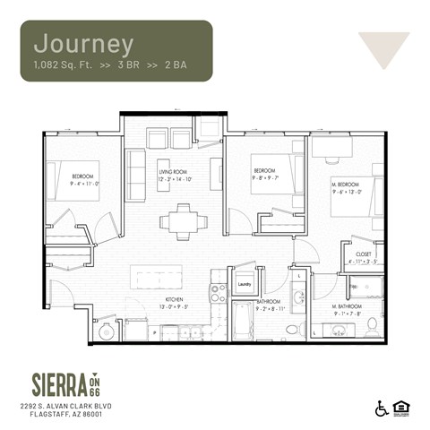 Floor plan for 3 beds, 2 baths, 1082 sqft