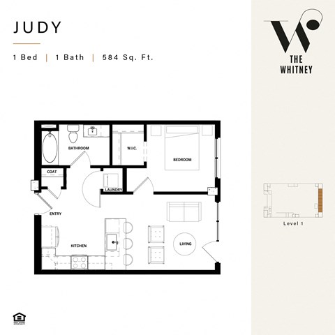 Floor plan for 1 bed, 1 bath, 544 sqft