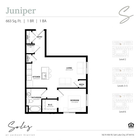 Floor plan for 1 bed, 1 bath, 663 sqft