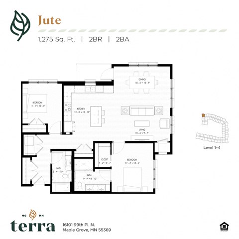 Floor plan for 2 beds, 2 baths, 1275 sqft