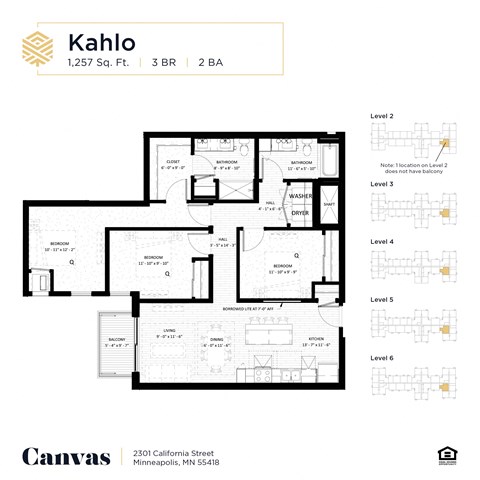 Floor plan for 3 beds, 2 baths, 1257 sqft