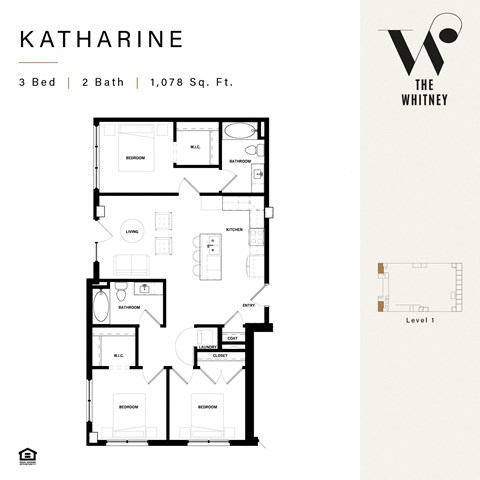 Floor plan for 3 beds, 2 baths, 1021 sqft