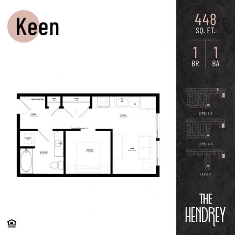Floor plan for 1 bed, 1 bath, 448 sqft