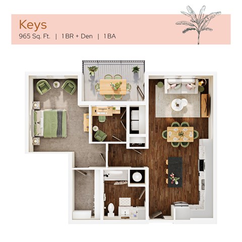 Floor plan for 1 bed, 1 bath, 965 sqft