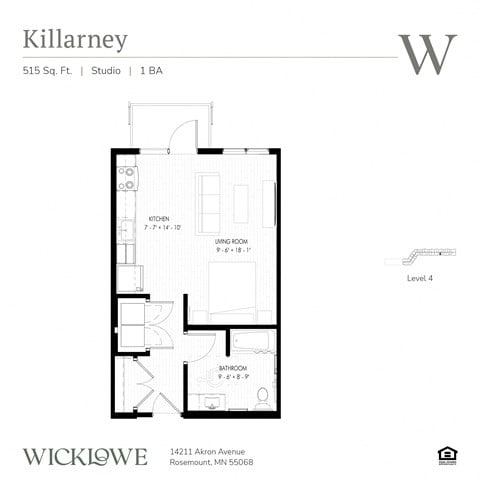 Floor plan for studio, 1 bath, 515 sqft