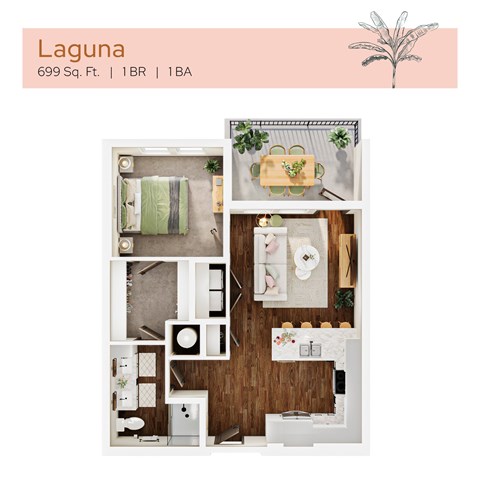 Floor plan for 1 bed, 1 bath, 699 sqft