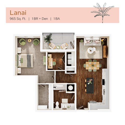 Floor plan for 1 bed, 1 bath, 965 sqft