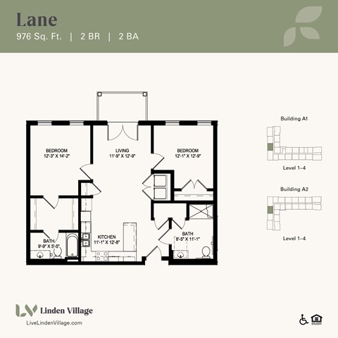 Floor plan for 2 beds, 2 baths, 976 sqft