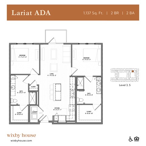 Floor plan for 2 beds, 2 baths, 1137 sqft