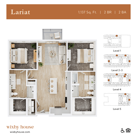 Floor plan for 2 beds, 2 baths, 1137 sqft