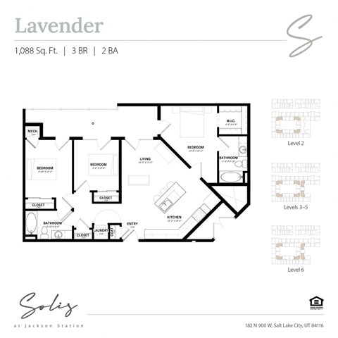 Floor plan for 3 beds, 2 baths, 1088 sqft
