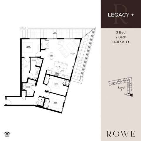 Floor plan for 3 beds, 2 baths, 1401 sqft