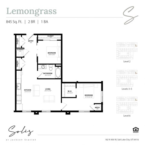 Floor plan for 2 beds, 1 bath, 845 sqft