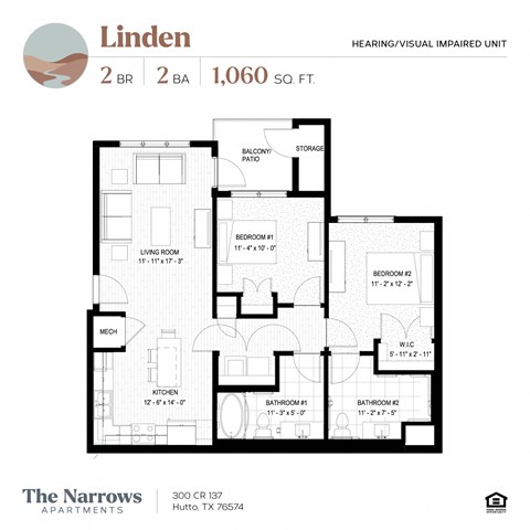 Floor plan for 2 beds, 2 baths, 1060 sqft