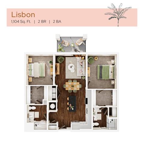 Floor plan for 2 beds, 2 baths, 1104 sqft