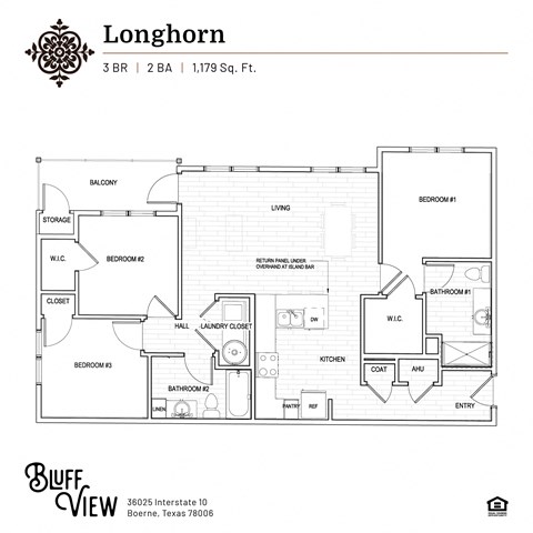 Floor plan for 3 beds, 2 baths, 1179 sqft