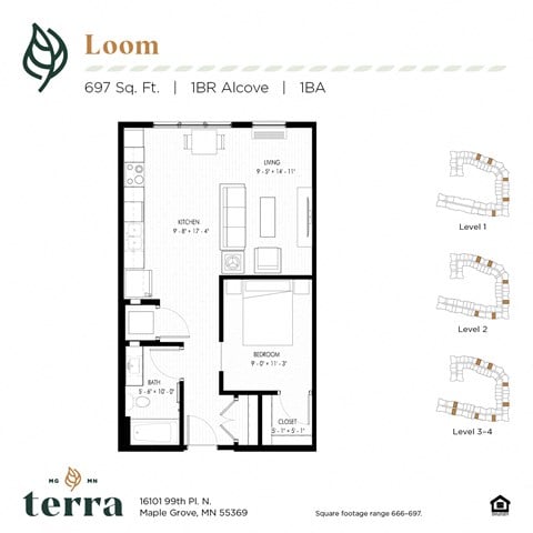 Floor plan for 1 bed, 1 bath, 666 sqft