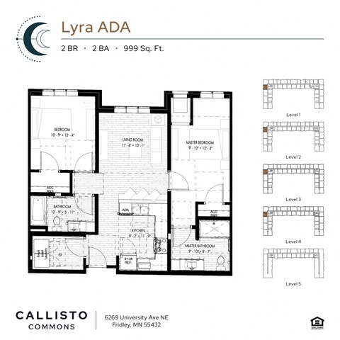Floor plan for 2 beds, 2 baths, 999 sqft