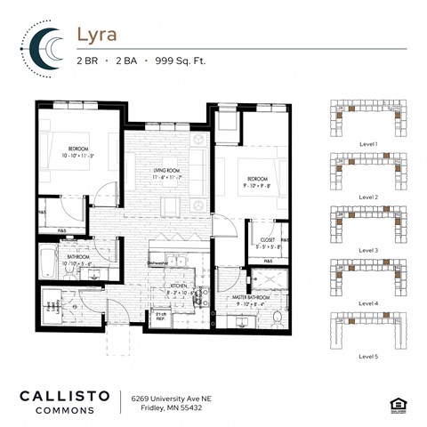 Floor plan for 2 beds, 2 baths, 999 sqft