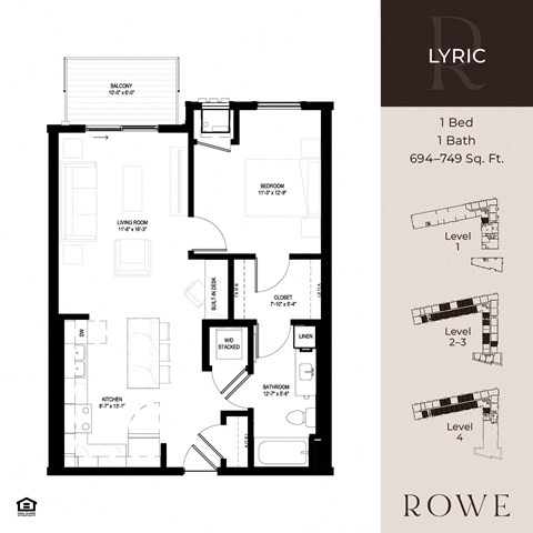 Floor plan for 1 bed, 1 bath, 749 sqft