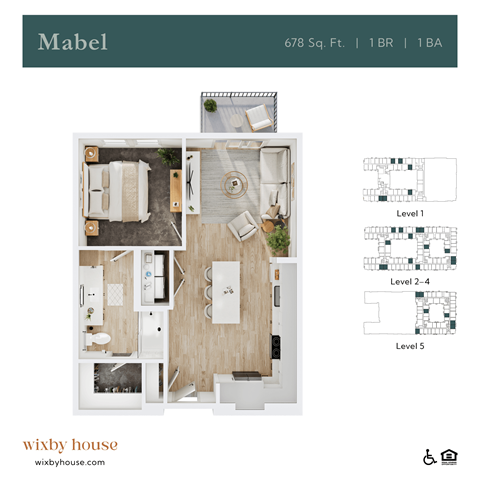 Floor plan for 1 bed, 1 bath, 678 sqft