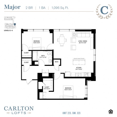 Floor plan for 2 beds, 1 bath, 1096 sqft