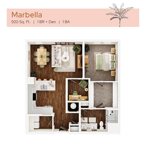 Floor plan for 1 bed, 1 bath, 920 sqft