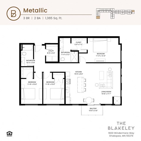 Floor plan for 3 beds, 2 baths, 1365 sqft