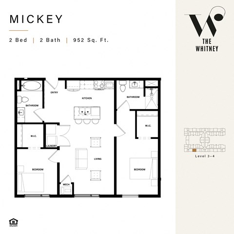 Floor plan for 2 beds, 2 baths, 904 sqft