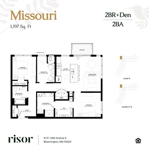Floor plan for 2 beds, 2 baths, 1197 sqft