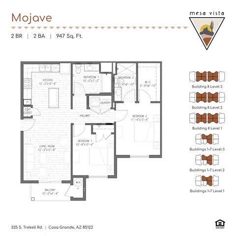 Floor plan for 2 beds, 2 baths, 947 sqft