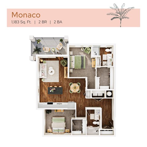 Floor plan for 2 beds, 2 baths, 1183 sqft