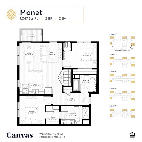 Floor plan for 2 beds, 2 baths, 1067 sqft