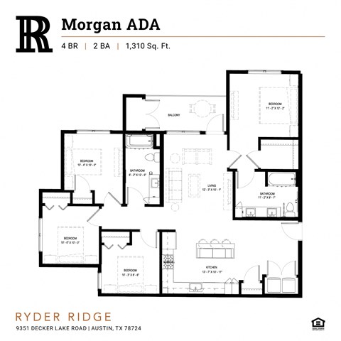 Floor plan for 4 beds, 2 baths, 1310 sqft