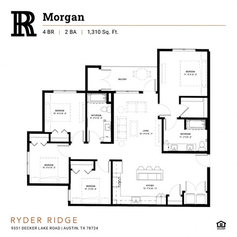 Floor plan for 4 beds, 2 baths, 1310 sqft