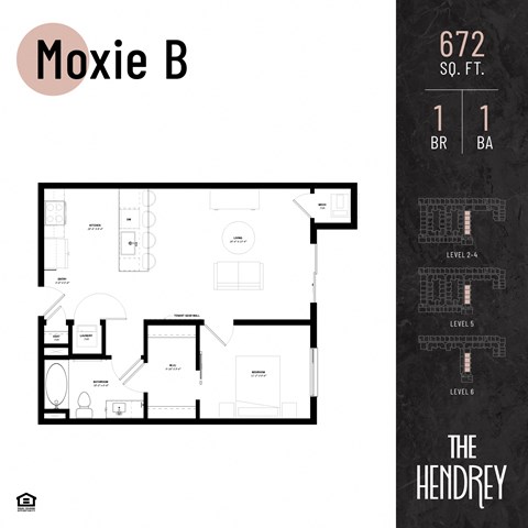 Floor plan for 1 bed, 1 bath, 672 sqft