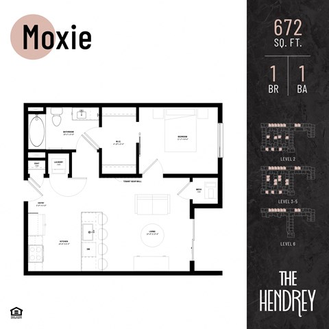 Floor plan for 1 bed, 1 bath, 672 sqft