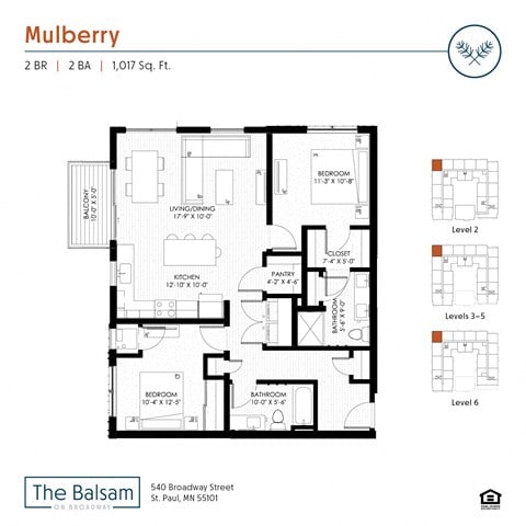 Floor plan for 2 beds, 2 baths, 1017 sqft