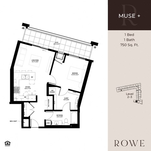 Floor plan for 1 bed, 1 bath, 750 sqft