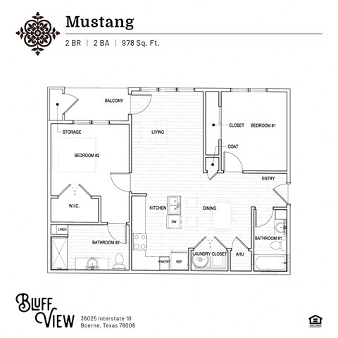 Floor plan for 2 beds, 2 baths, 978 sqft
