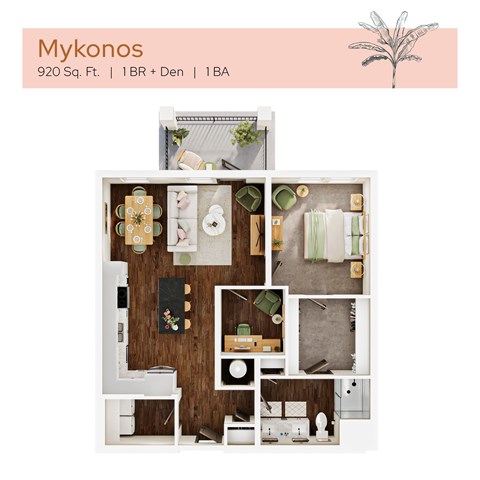 Floor plan for 1 bed, 1 bath, 920 sqft